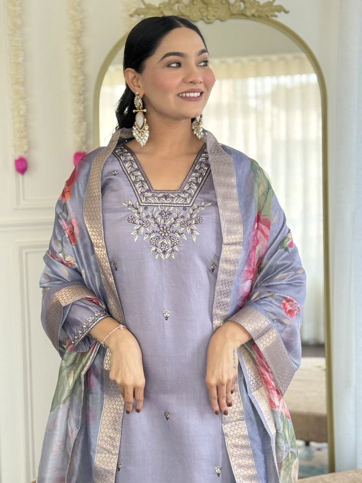 Light Blue Chanderi Embroidered Suit Set with Elegant Finish