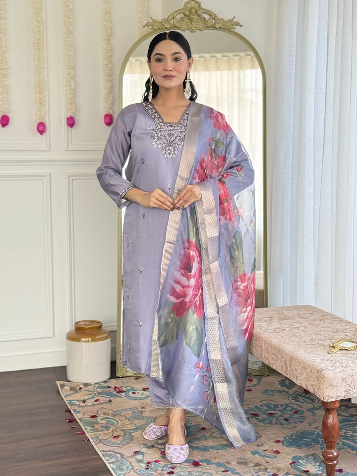Light Blue Chanderi Embroidered Suit Set with Elegant Finish