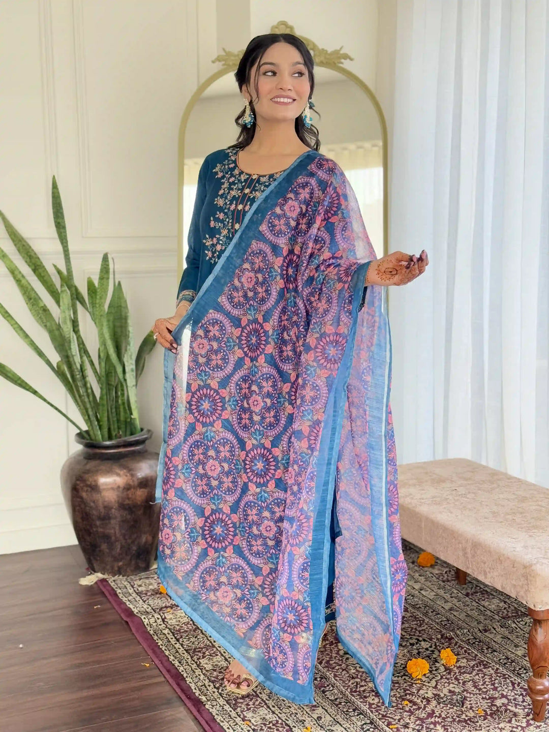 Gorgeous Teal Blue Suit Set with Chanderi & Linen Fabric
