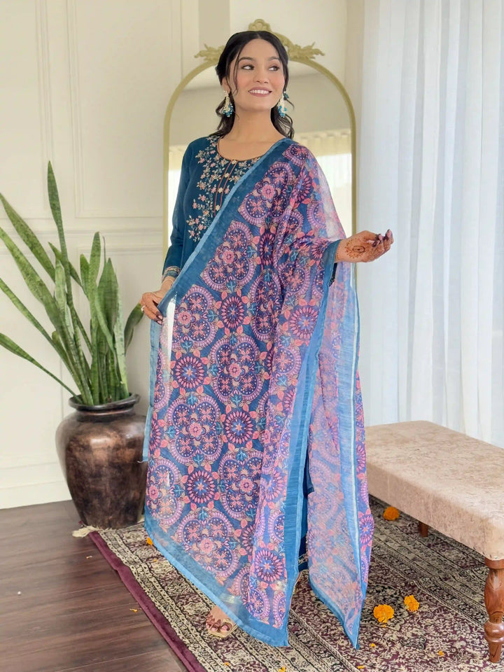 Gorgeous Teal Blue Suit Set with Chanderi & Linen Fabric