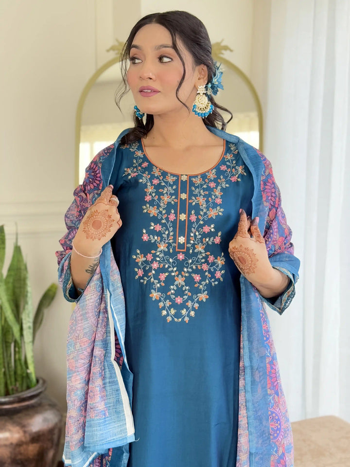 Gorgeous Teal Blue Suit Set with Chanderi & Linen Fabric