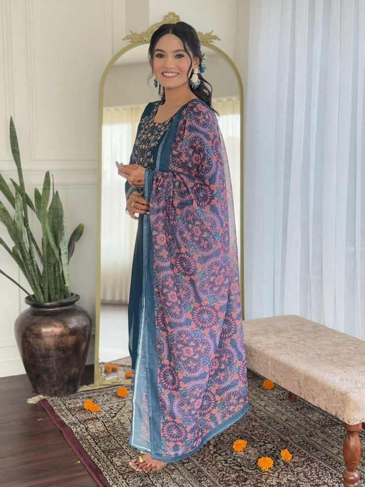 Gorgeous Teal Blue Suit Set with Chanderi & Linen Fabric