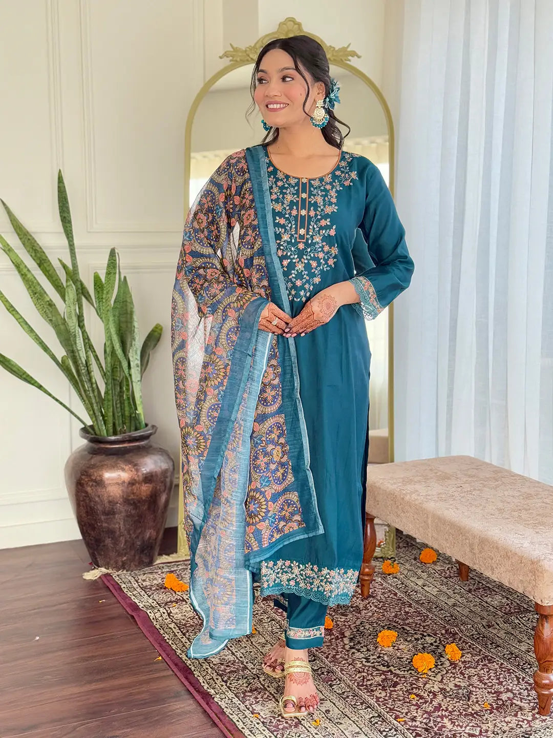 Gorgeous Teal Blue Suit Set with Chanderi & Linen Fabric