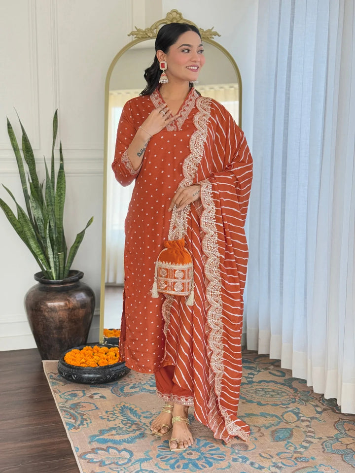 Chic Embroidered Vichitra Silk Suit with Printed Dupatta