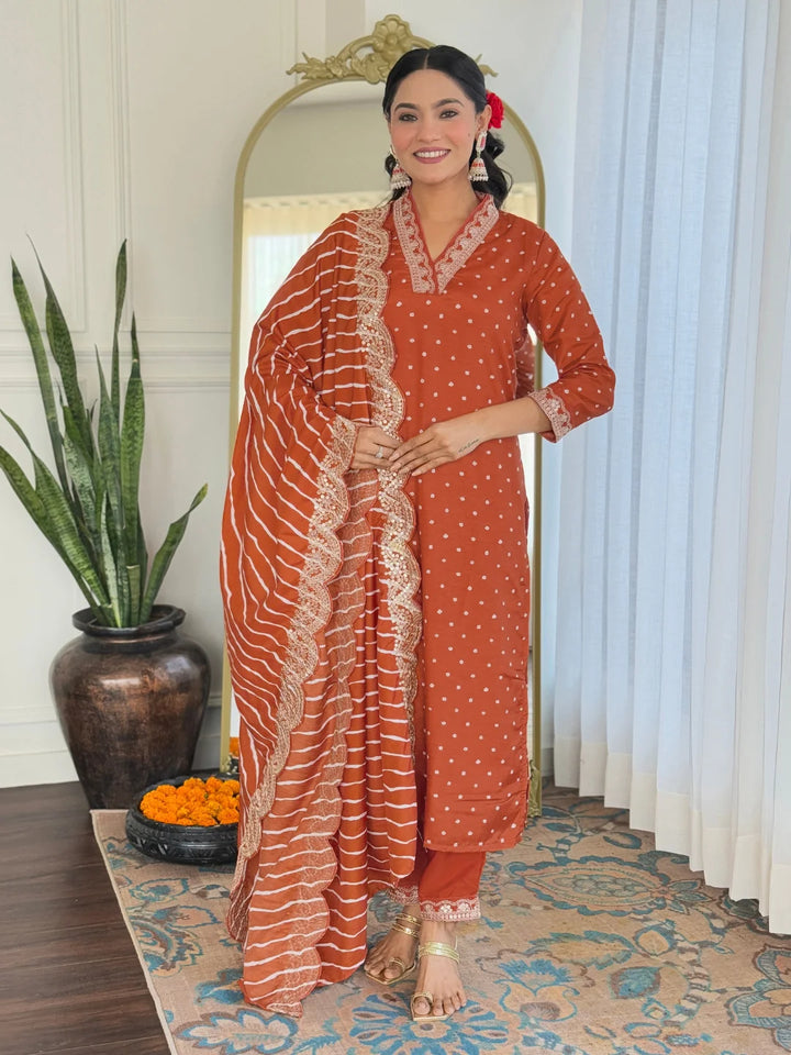 Chic Embroidered Vichitra Silk Suit with Printed Dupatta