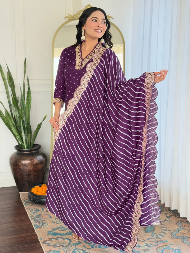 Chic Embroidered Vichitra Silk Suit with Printed Dupatta