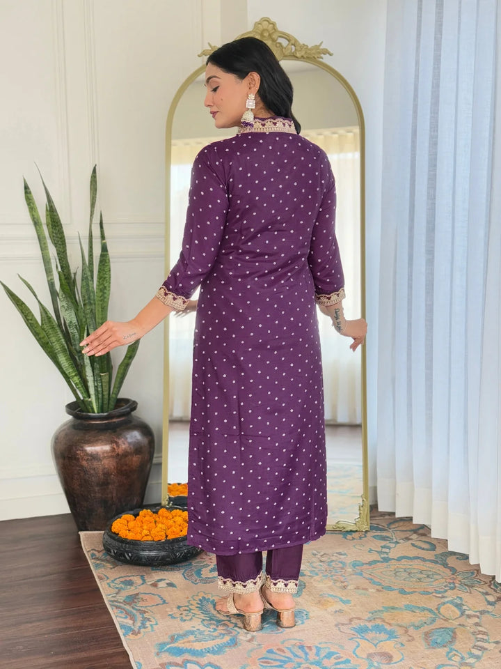 Chic Embroidered Vichitra Silk Suit with Printed Dupatta