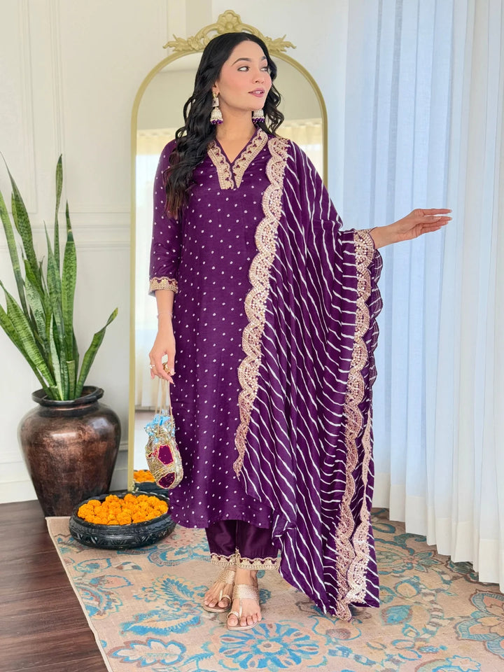 Chic Embroidered Vichitra Silk Suit with Printed Dupatta
