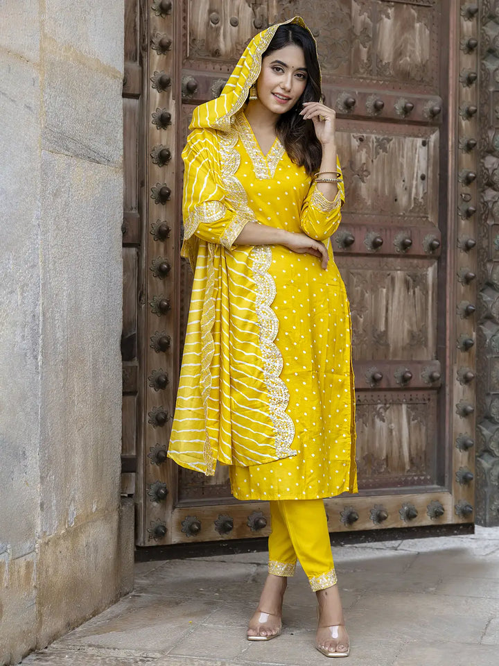 Chic Embroidered Vichitra Silk Suit with Printed Dupatta