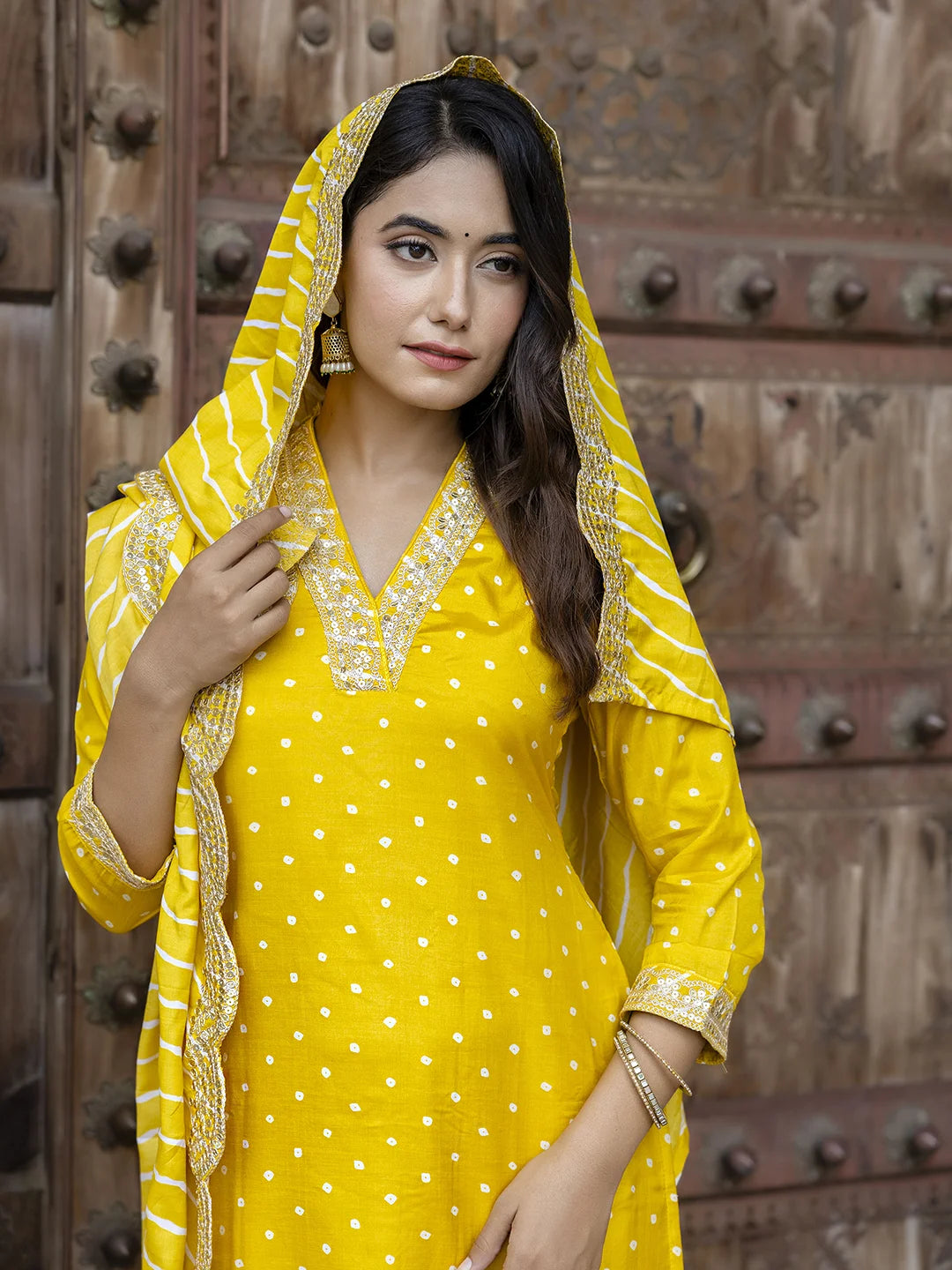 Chic Embroidered Vichitra Silk Suit with Printed Dupatta