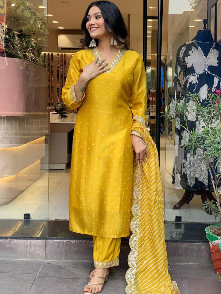 Chic Embroidered Vichitra Silk Suit with Printed Dupatta