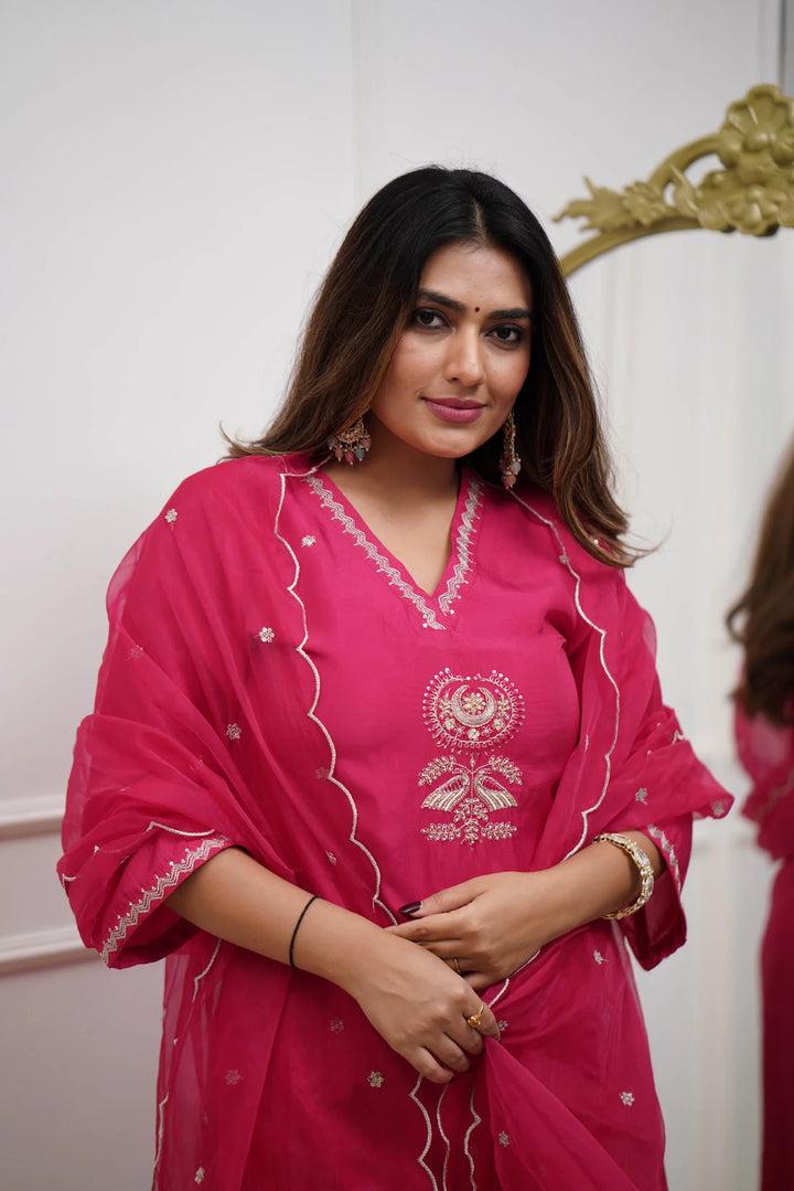 Ethnic Chanderi Suit with Organza Dupatta & Fine Work