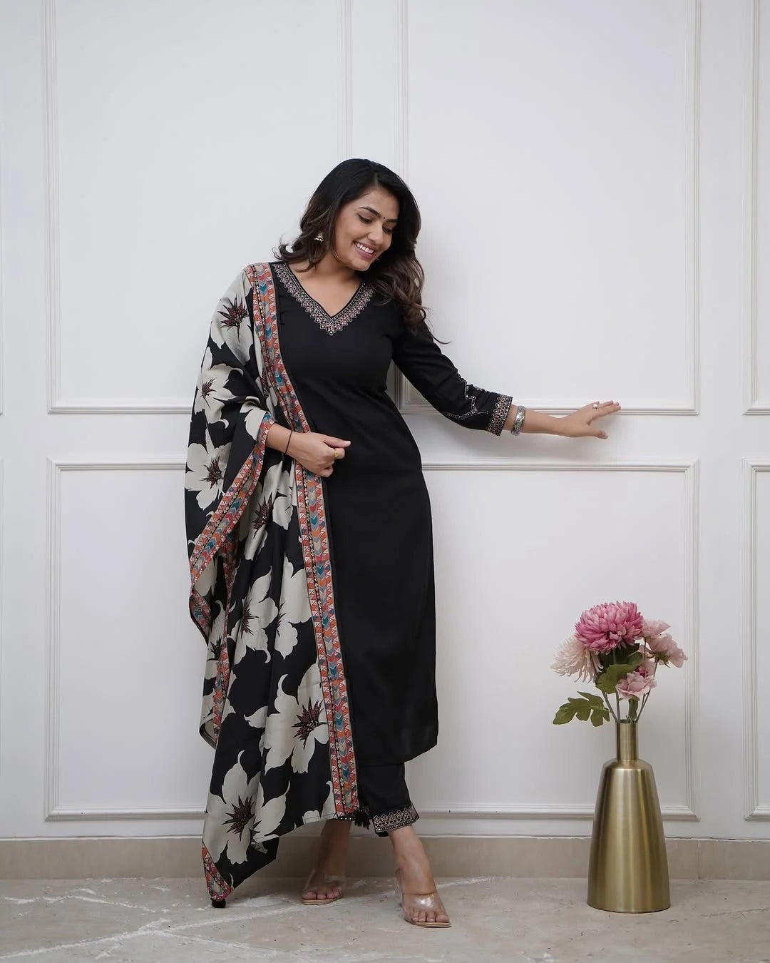 Black Embroidered Salwar Suit in Silk with Printed Chinon