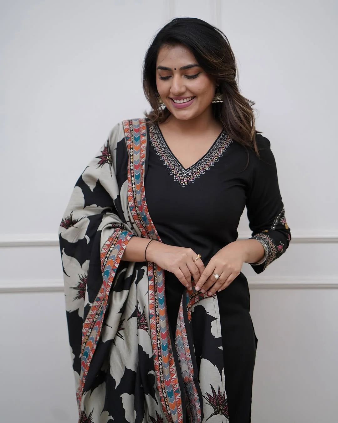 Black Embroidered Salwar Suit in Silk with Printed Chinon
