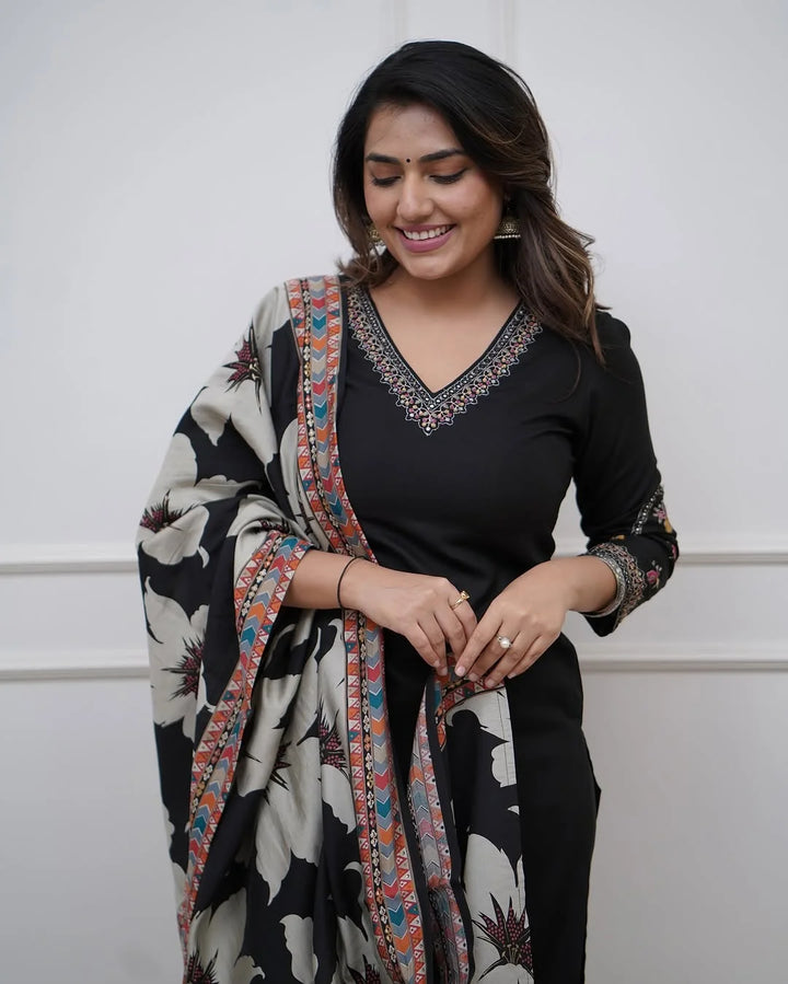 Black Embroidered Salwar Suit in Silk with Printed Chinon
