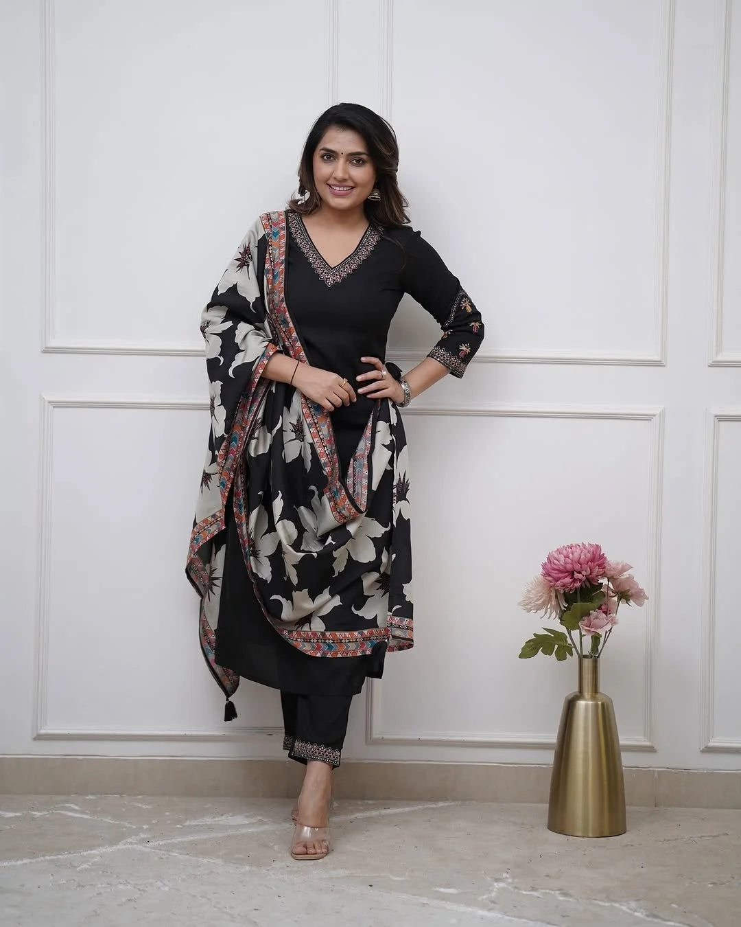Black Embroidered Salwar Suit in Silk with Printed Chinon