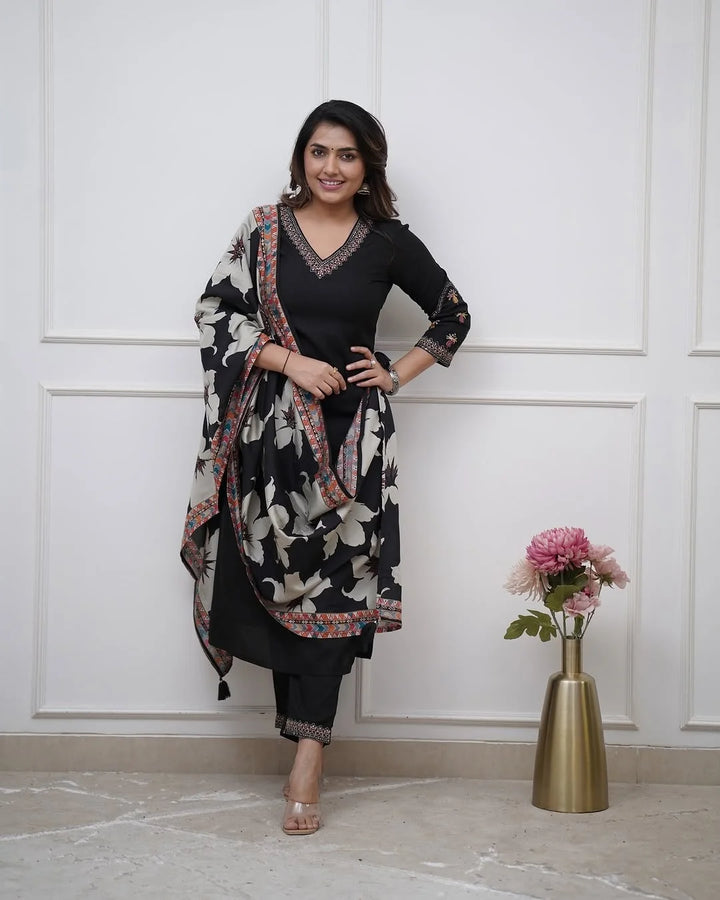 Black Embroidered Salwar Suit in Silk with Printed Chinon