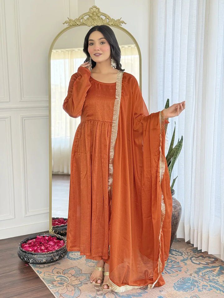 Fairy Orange Vichitra Silk Salwar Kameez with Chinon Dupatta