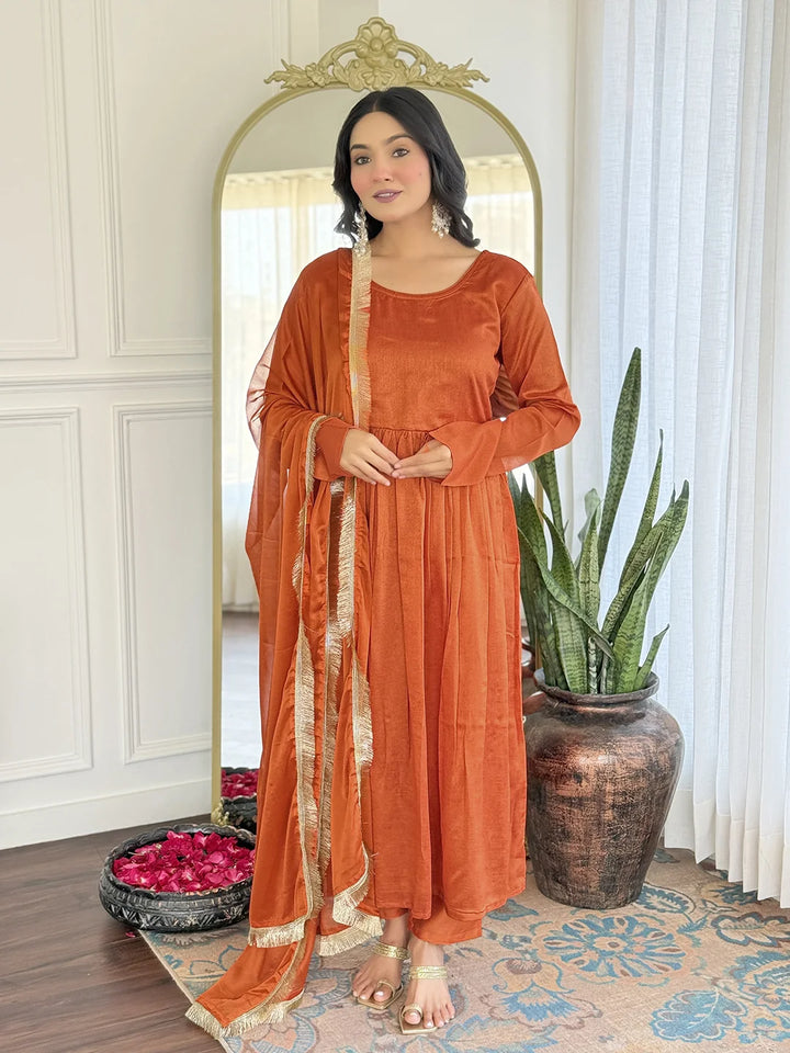 Fairy Orange Vichitra Silk Salwar Kameez with Chinon Dupatta