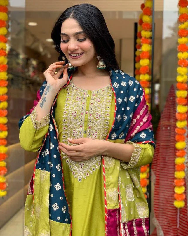 Radiant Pista Green Suit with Jacquard Dupatta & Embroidery