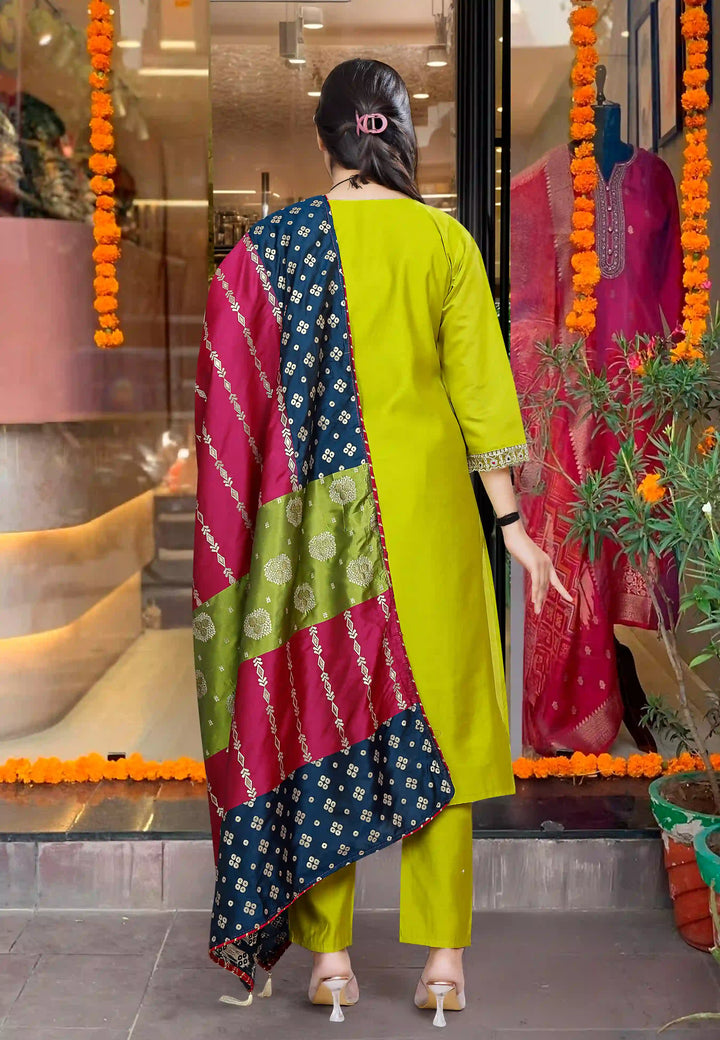 Radiant Pista Green Suit with Jacquard Dupatta & Embroidery