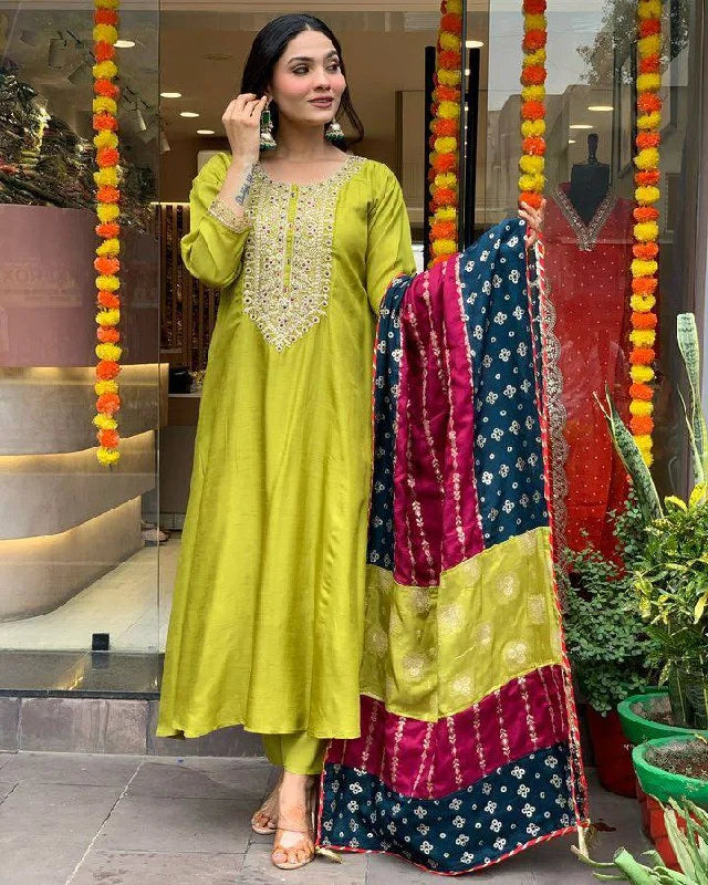 Radiant Pista Green Suit with Jacquard Dupatta & Embroidery