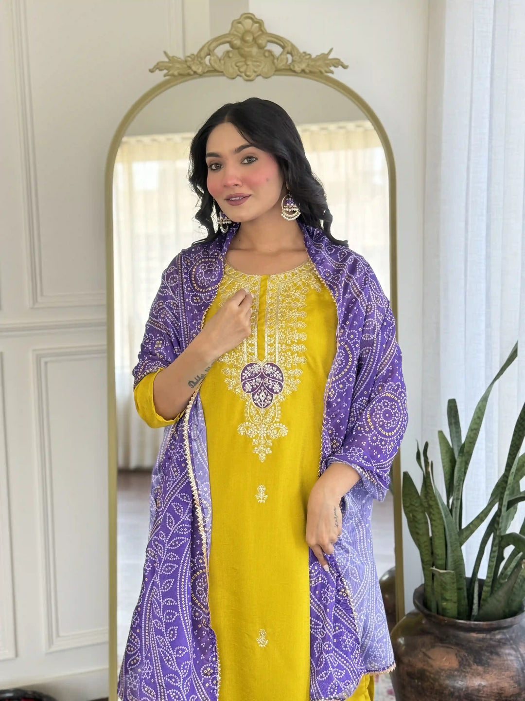 Stunning Vichitra Silk Salwar Kameez with Chinon Dupatta