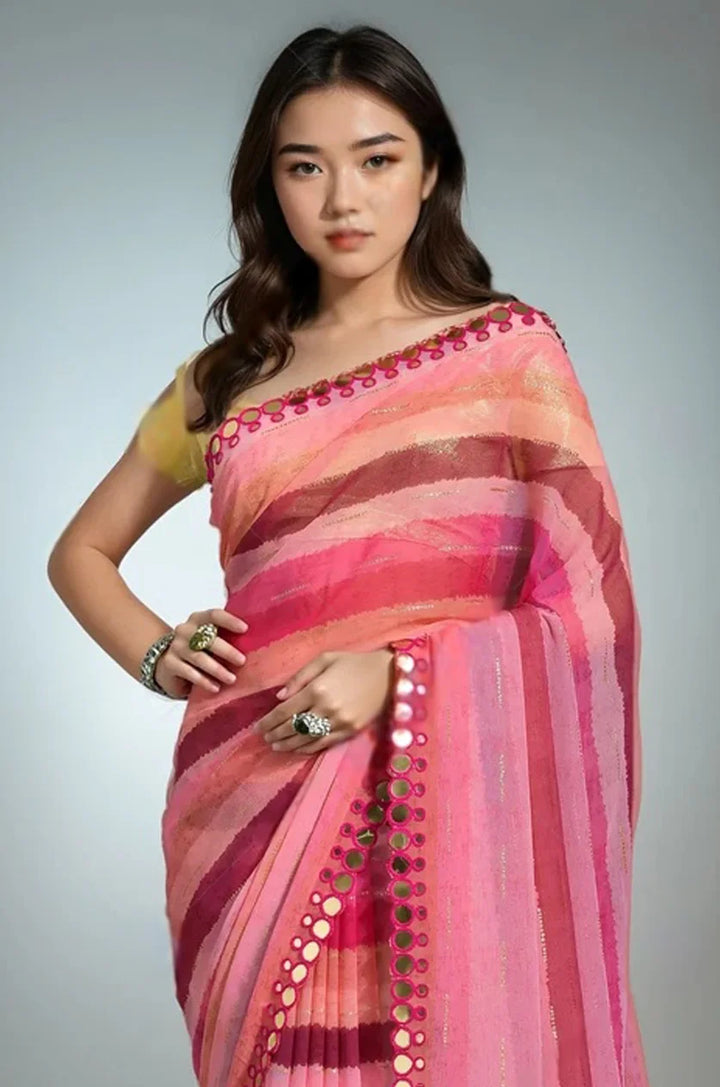 Mirror Work Chiffon Saree Paired with Premium Brocade Blouse