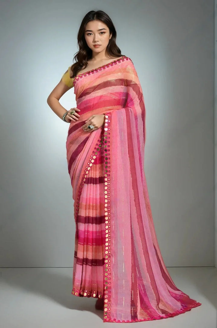 Mirror Work Chiffon Saree Paired with Premium Brocade Blouse