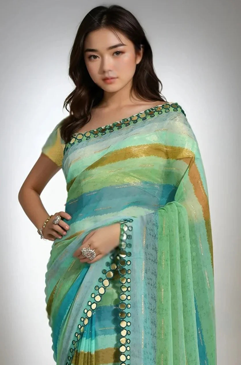 Mirror Work Chiffon Saree Paired with Premium Brocade Blouse