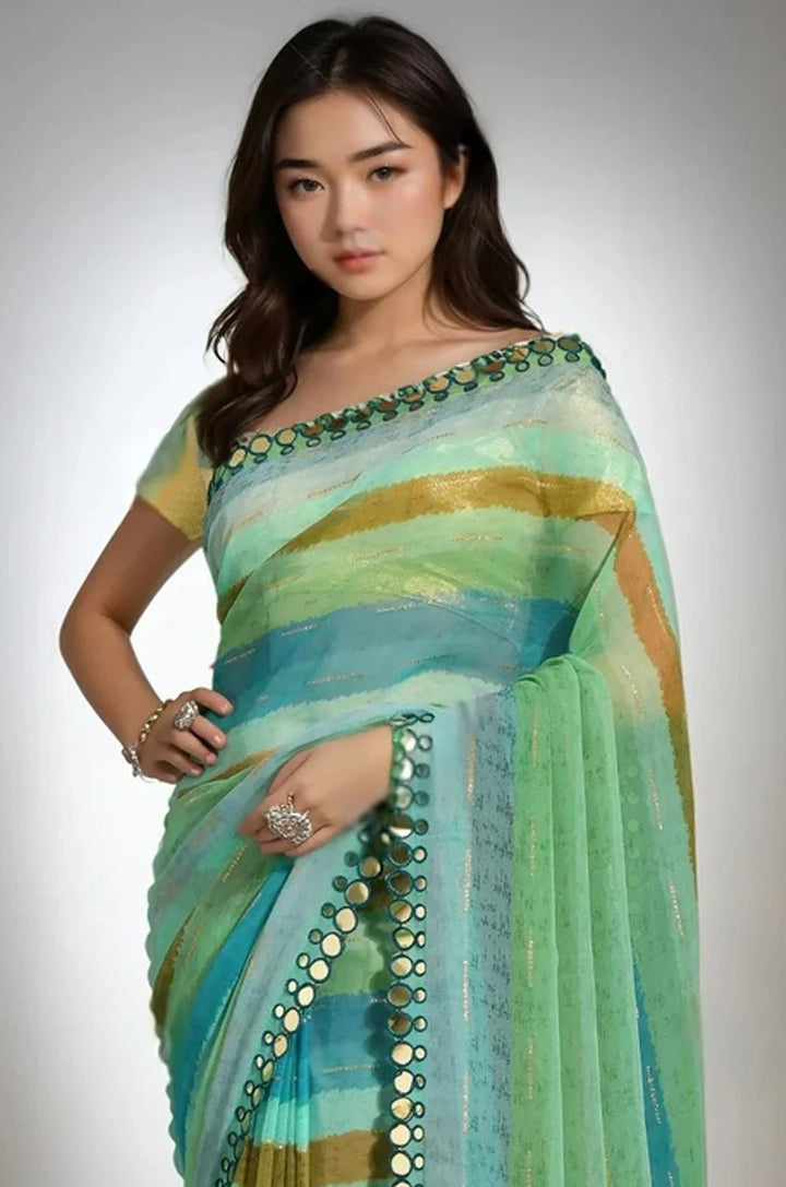 Mirror Work Chiffon Saree Paired with Premium Brocade Blouse