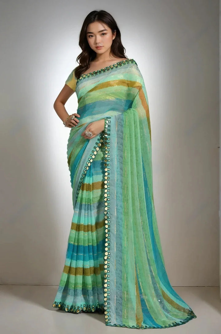 Mirror Work Chiffon Saree Paired with Premium Brocade Blouse