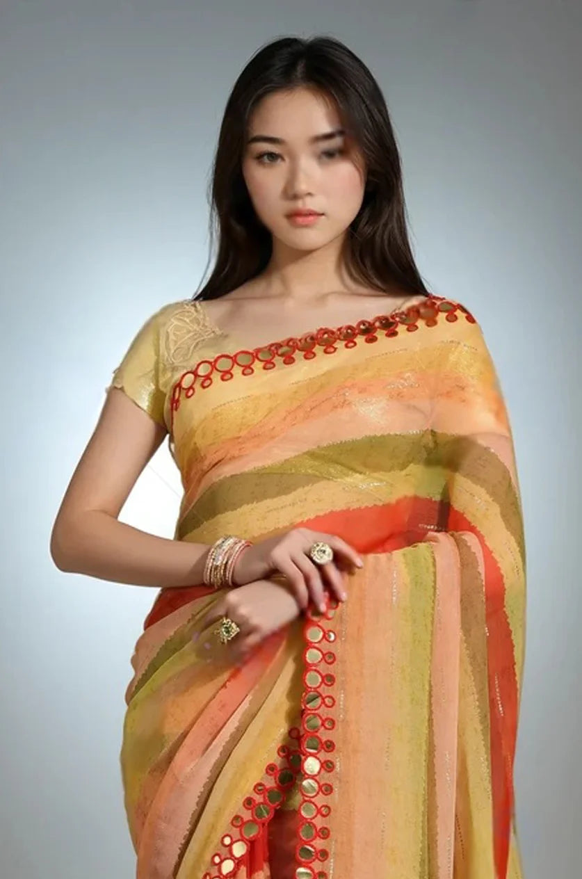Mirror Work Chiffon Saree Paired with Premium Brocade Blouse