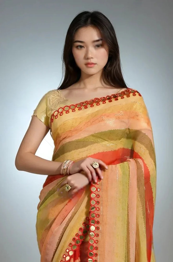 Mirror Work Chiffon Saree Paired with Premium Brocade Blouse