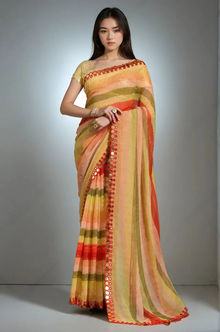Mirror Work Chiffon Saree Paired with Premium Brocade Blouse
