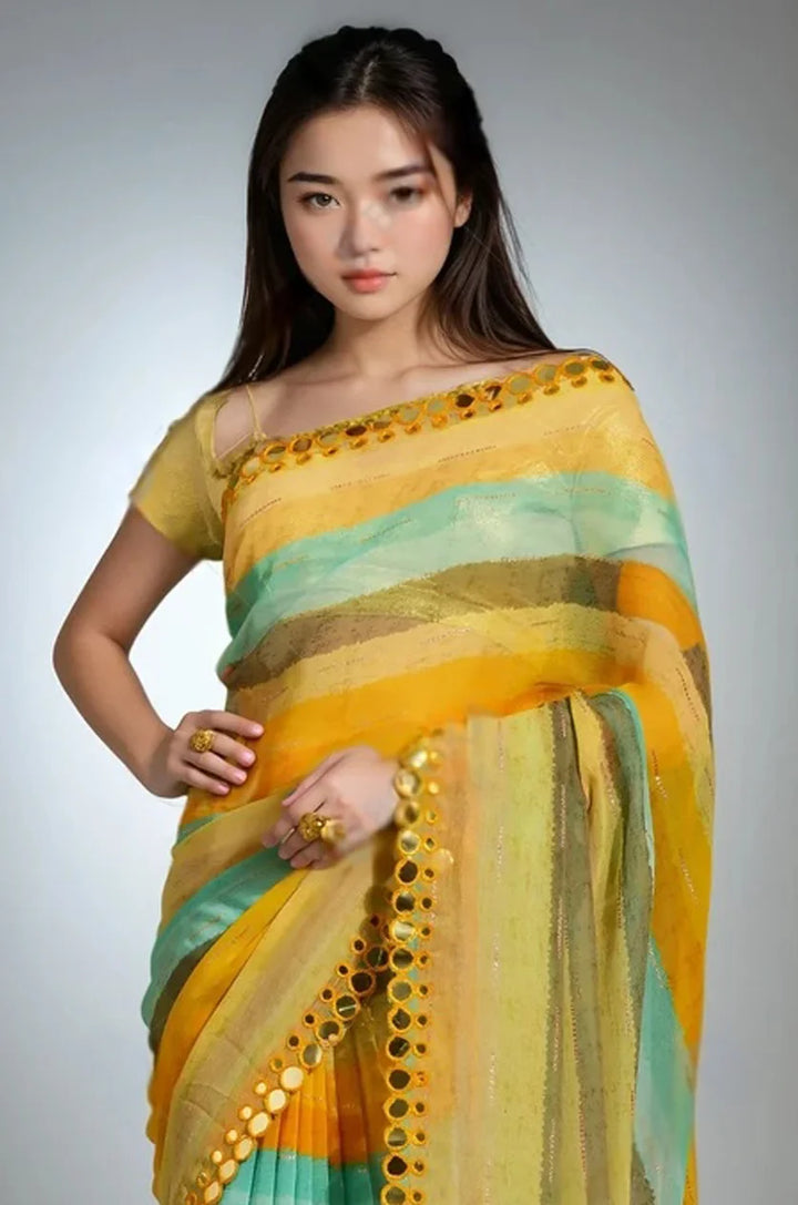 Mirror Work Chiffon Saree Paired with Premium Brocade Blouse