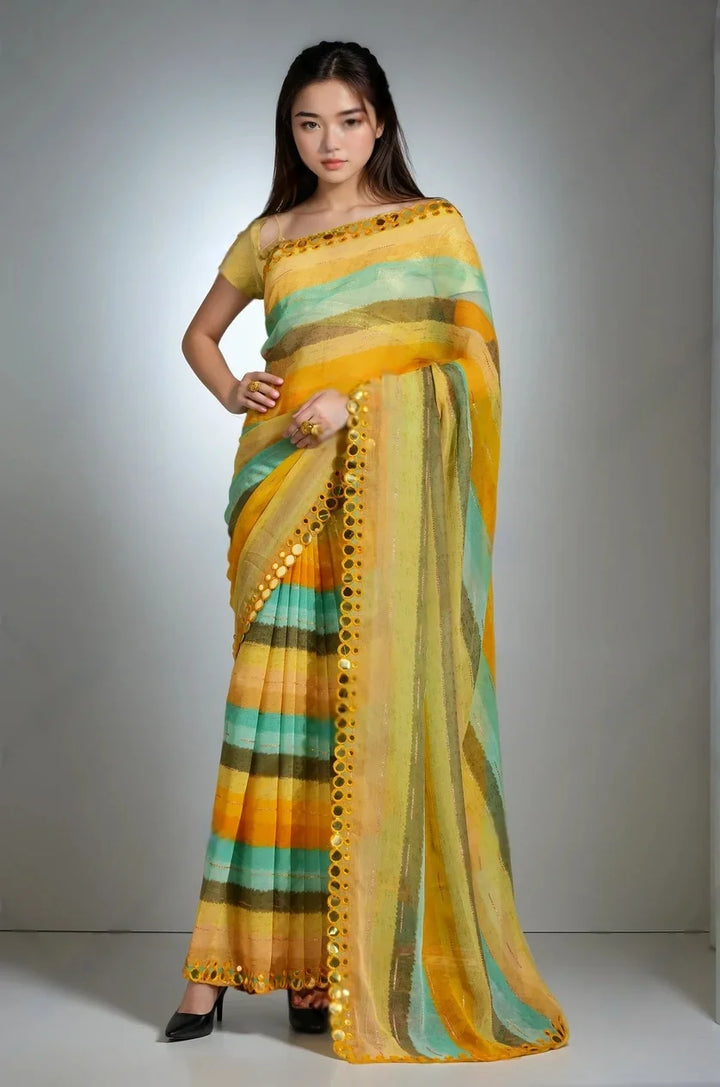 Mirror Work Chiffon Saree Paired with Premium Brocade Blouse
