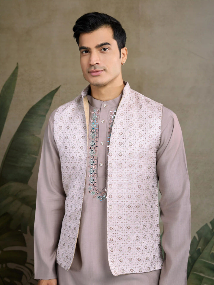 Designer Viscose Silk Kurta with Jacket Mirror & Thread Work for Festive