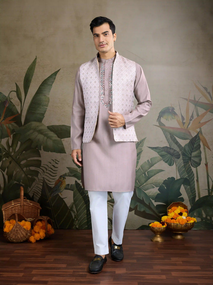 Designer Viscose Silk Kurta with Jacket Mirror & Thread Work for Festive
