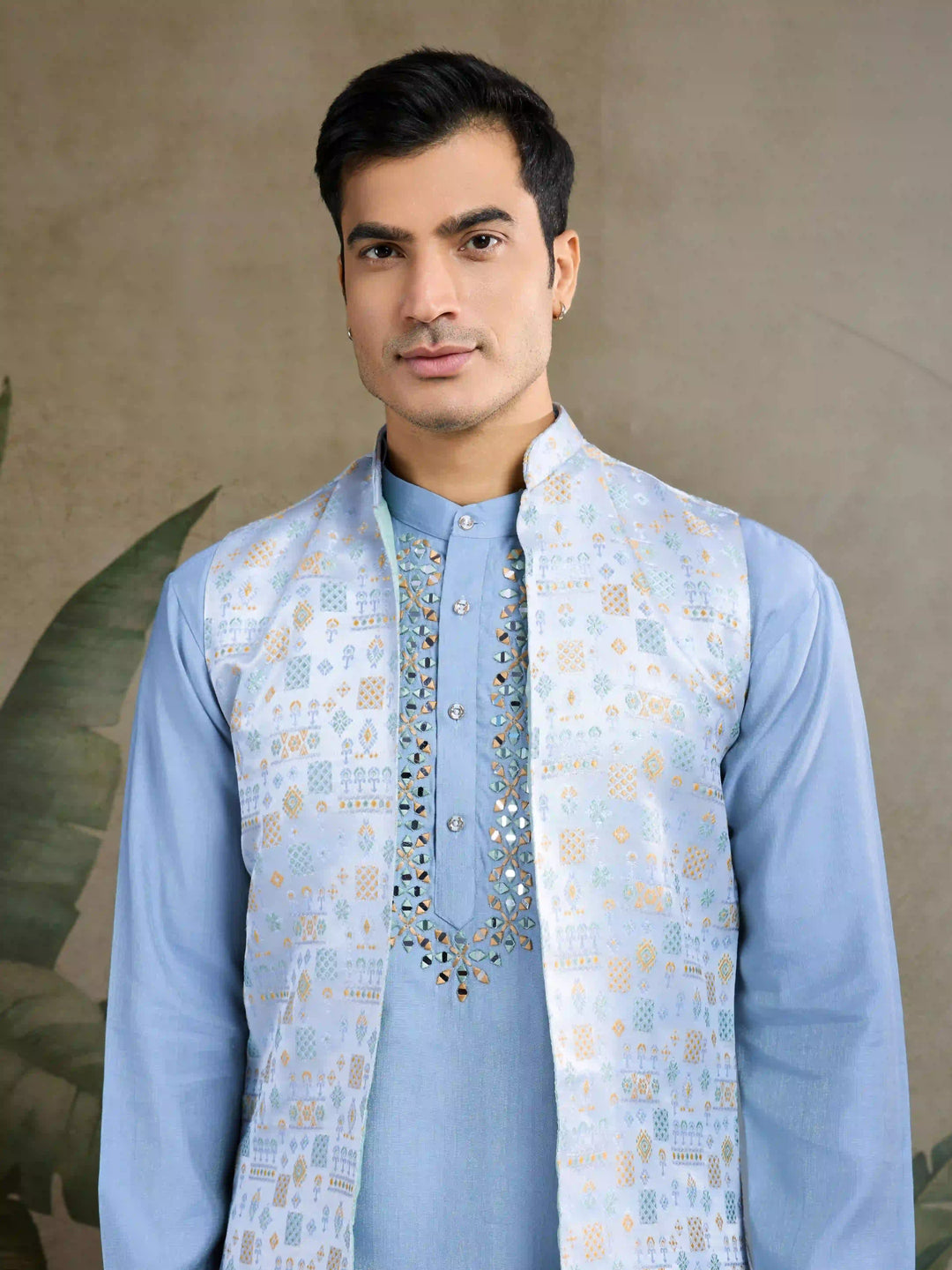 Designer Viscose Silk Kurta with Jacket Mirror & Thread Work for Festive