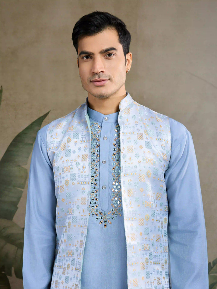 Designer Viscose Silk Kurta with Jacket Mirror & Thread Work for Festive