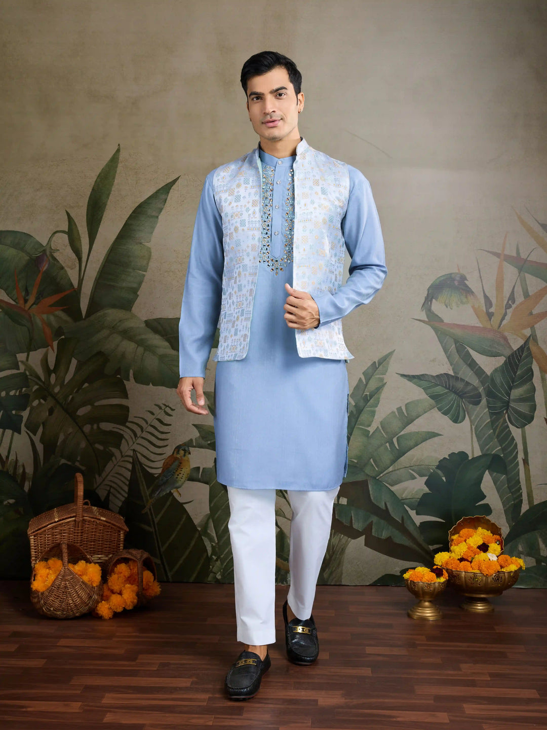 Designer Viscose Silk Kurta with Jacket Mirror & Thread Work for Festive