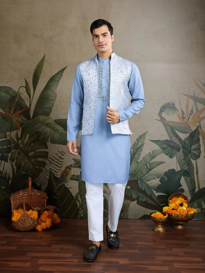Designer Viscose Silk Kurta with Jacket Mirror & Thread Work for Festive