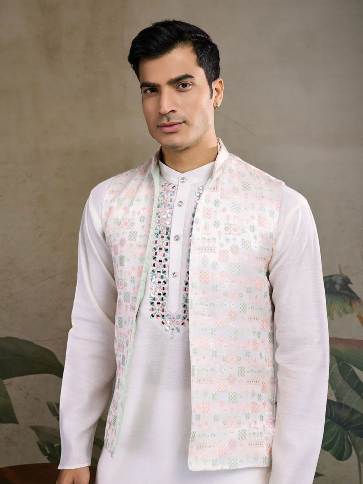 Designer Viscose Silk Kurta with Jacket Mirror & Thread Work for Festive