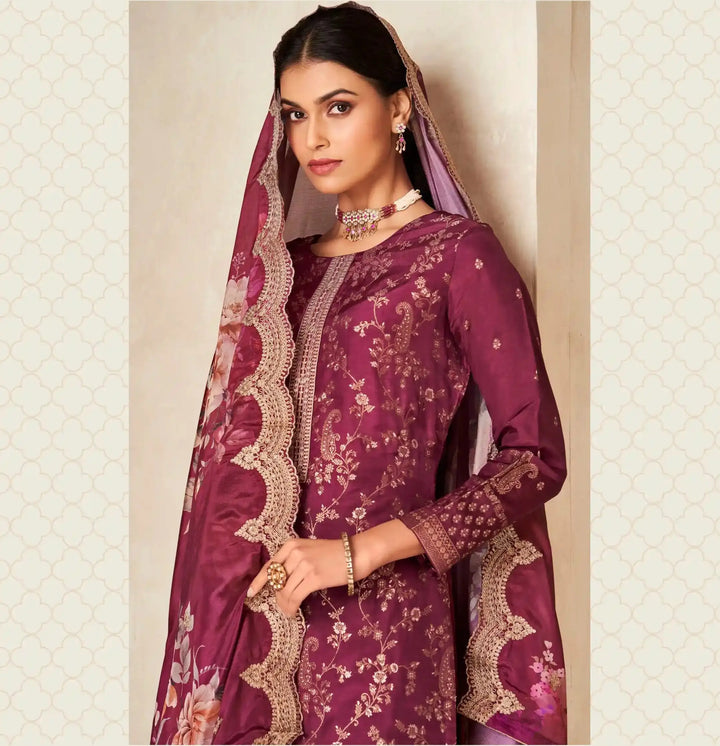 Stylish Viscose Dola Silk Suit with Jacquard Embroidery & Chinon Dupatta