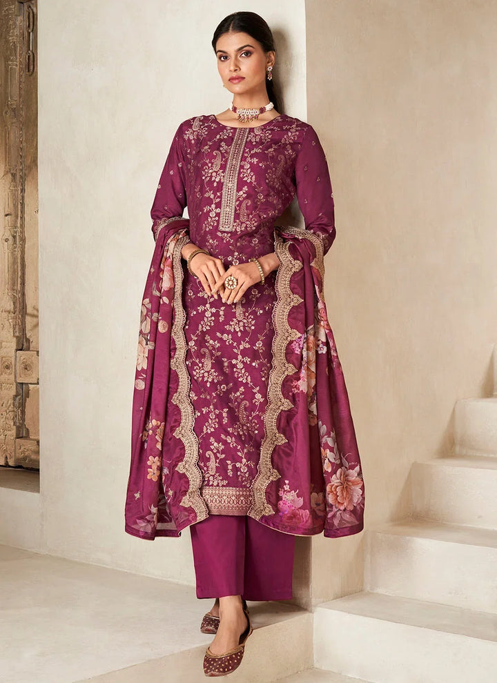 Stylish Viscose Dola Silk Suit with Jacquard Embroidery & Chinon Dupatta