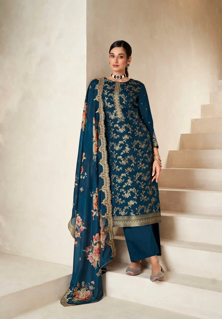 Stylish Viscose Dola Silk Suit with Jacquard Embroidery & Chinon Dupatta
