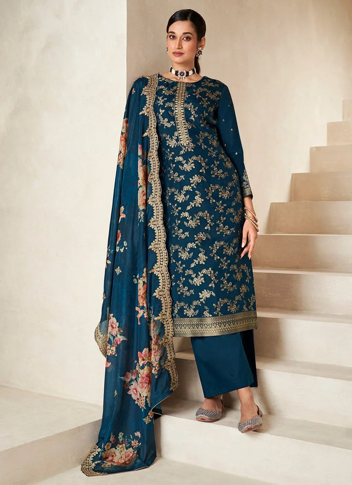 Stylish Viscose Dola Silk Suit with Jacquard Embroidery & Chinon Dupatta