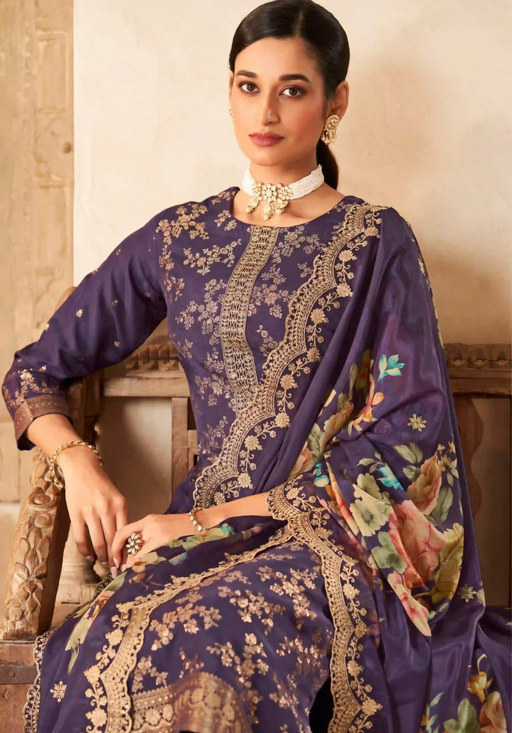 Stylish Viscose Dola Silk Suit with Jacquard Embroidery & Chinon Dupatta
