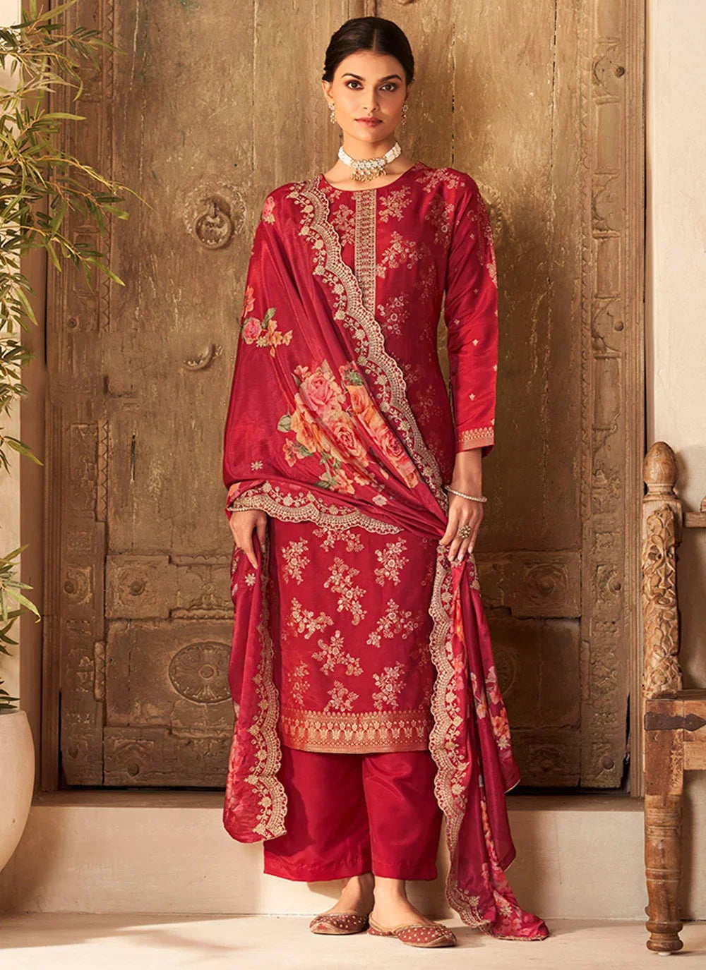 Stylish Viscose Dola Silk Suit with Jacquard Embroidery & Chinon Dupatta